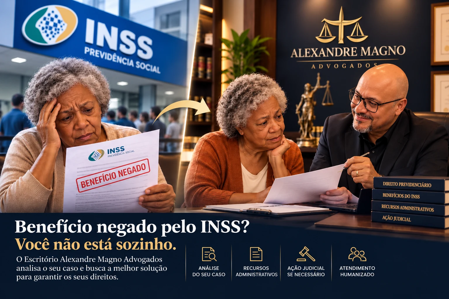 Arte ilustrativa sobre benefício negado pelo INSS: segurada busca orientação jurídica e recebe atendimento no escritório, com destaque para análise do caso, recursos e medidas judiciais cabíveis.